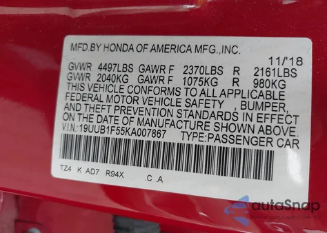 2019 Acura Tlx Tech Pkg from USA, damaged, VIN 19UUB1F55KA007867